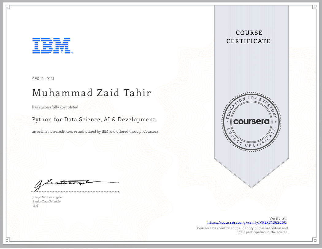 Python for Data Science, AI & Development certificate awarded to Muhammad Zaid Tahir