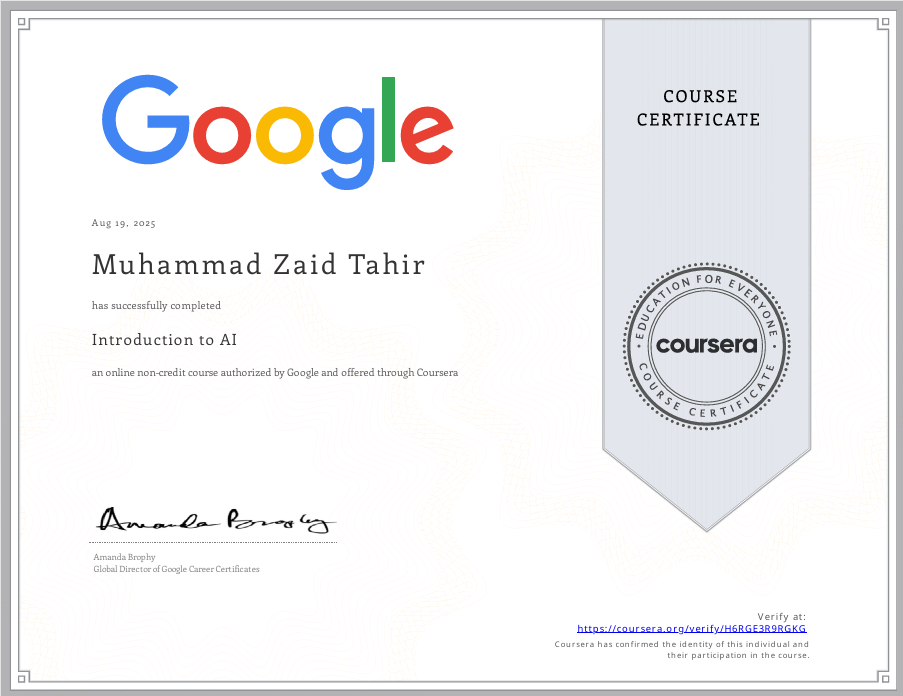 Introduction to Artificial Intelligence certificate awarded to Muhammad Zaid Tahir
