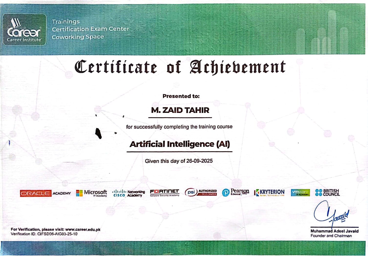 Introduction to Artificial Intelligence certificate awarded to Muhammad Zaid Tahir