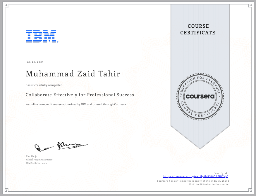 Collaborate Effectively for Professional Success certificate awarded to Muhammad Zaid Tahir